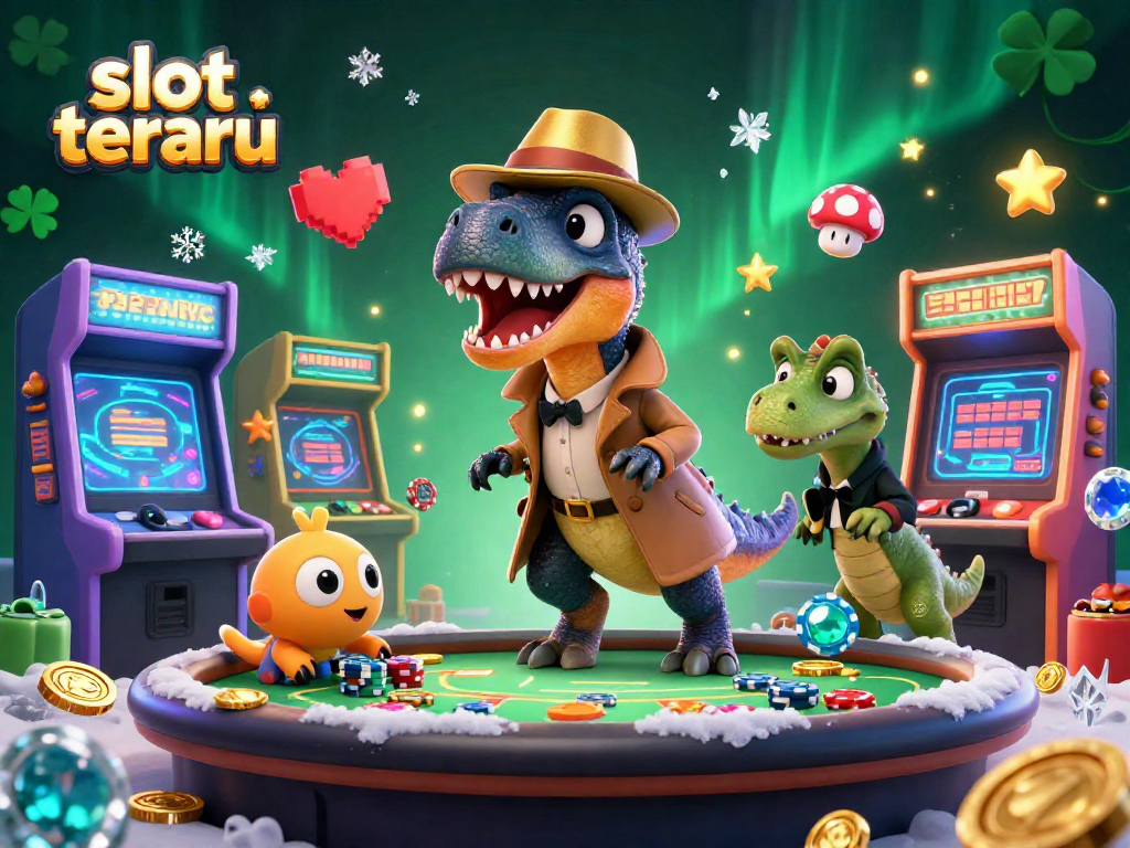 Experience slot terbaru excitement with a velociraptor card counter in a vibrant casino scene.