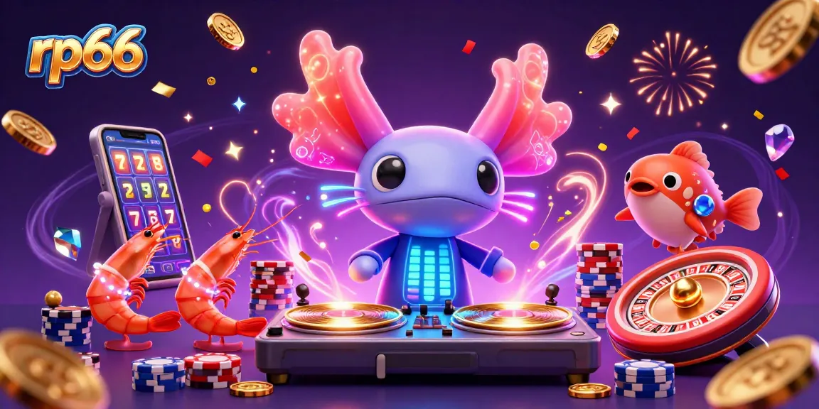 Experience the thrill of rp66 with vibrant games, golden coins, and dynamic characters in a colorful casino scene.