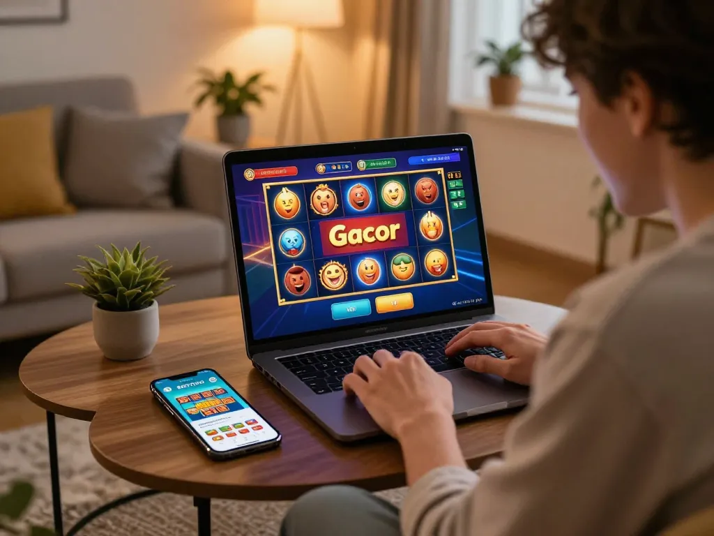 Player enjoying BAYITOTO slot game on their laptop, celebrating online jackpot win in a cozy environment.