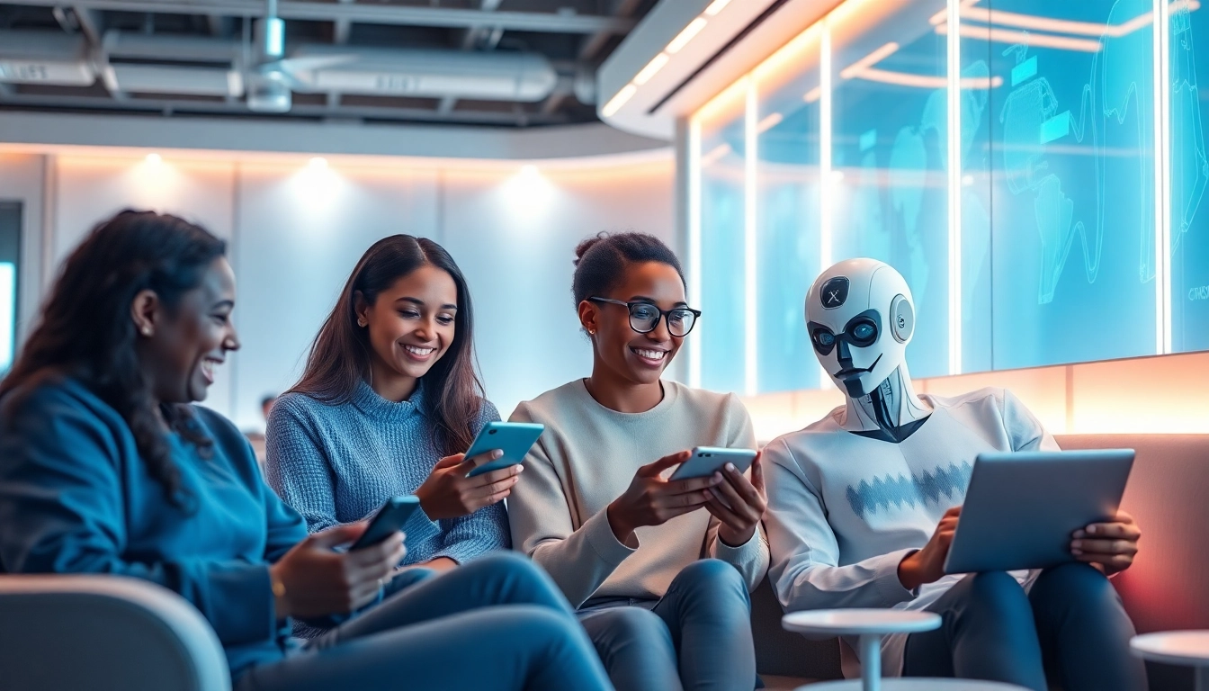 Engaging scene of diverse individuals interacting with Crush AI, showcasing companionship.