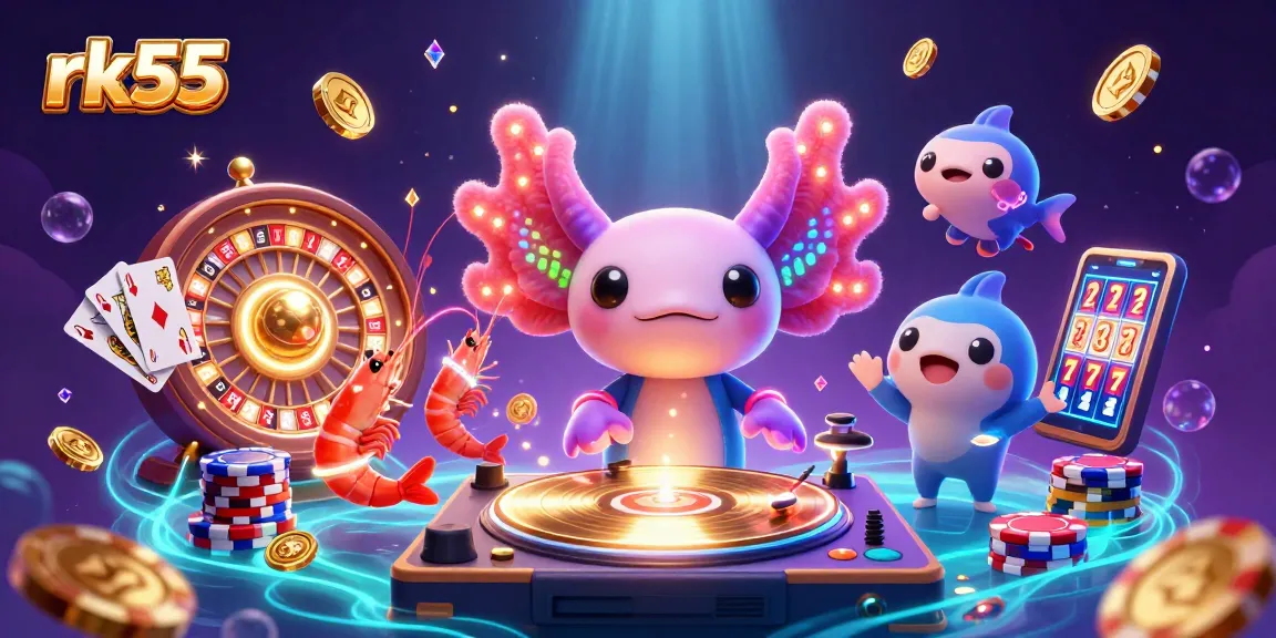 Experience the rk55 excitement with vibrant axolotl DJ and sparkling gems in this dynamic casino scene.