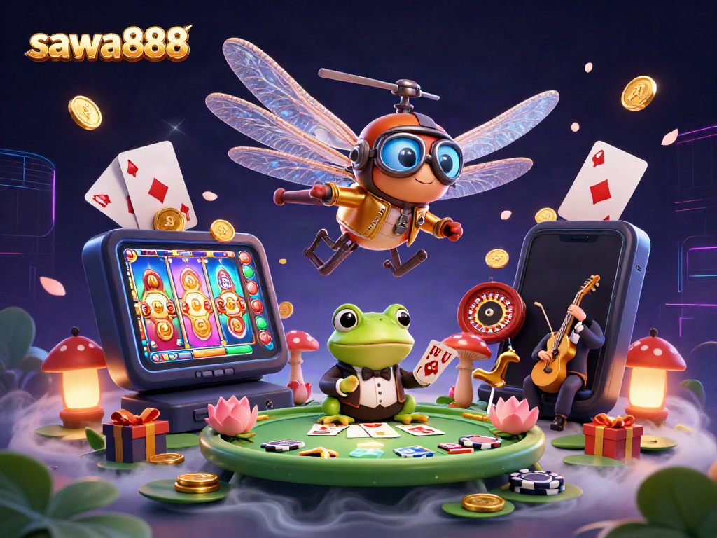 Experience thrilling gameplay at sawa888 as a frog croupier deals cards with vibrant casino action.