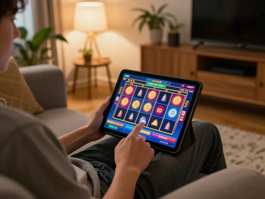 Engaging in MPO ID online slots with colorful reels spinning in a cozy home setting.