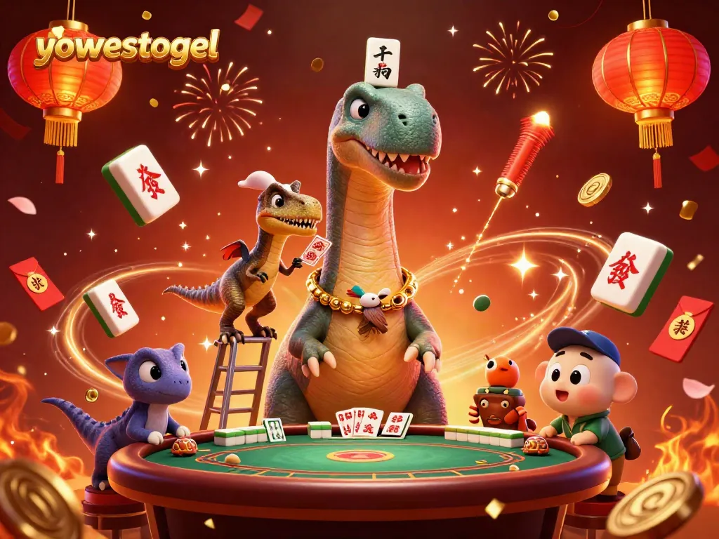 Engage with yowestogel in a vibrant casino scene featuring giant characters and festive atmosphere.