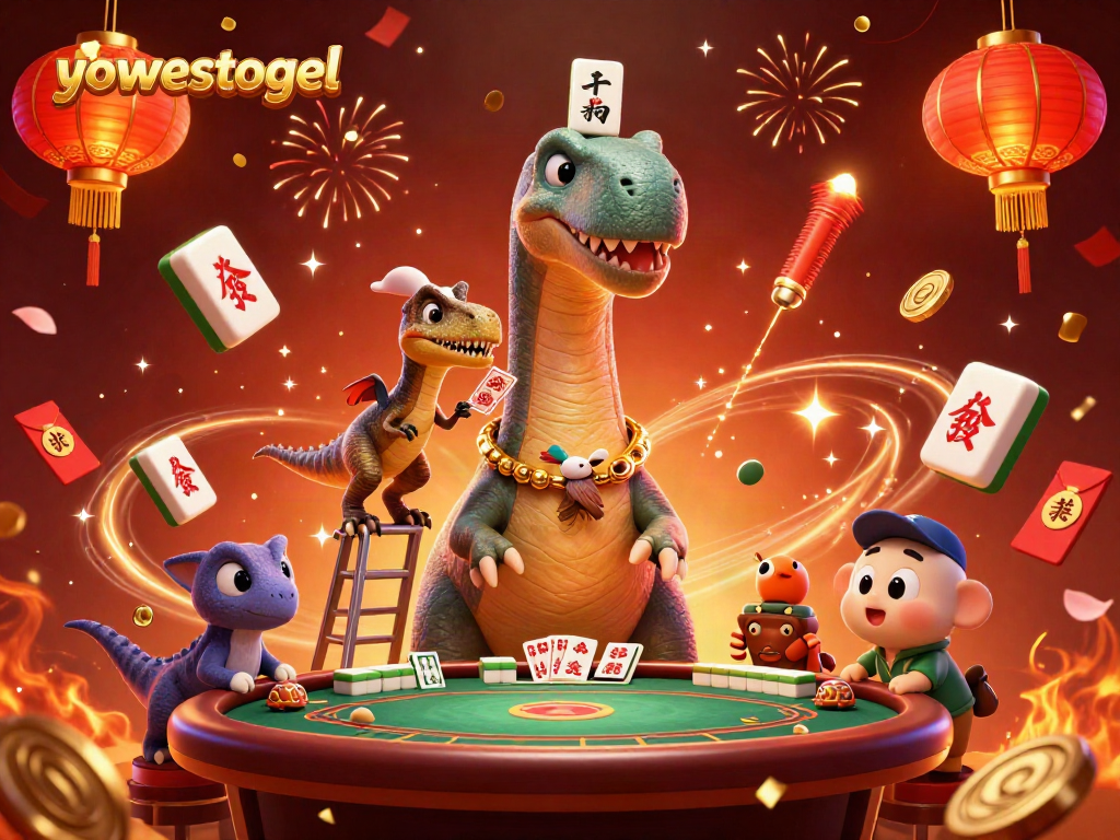 Engage with yowestogel in a vibrant casino scene featuring giant characters and festive atmosphere.