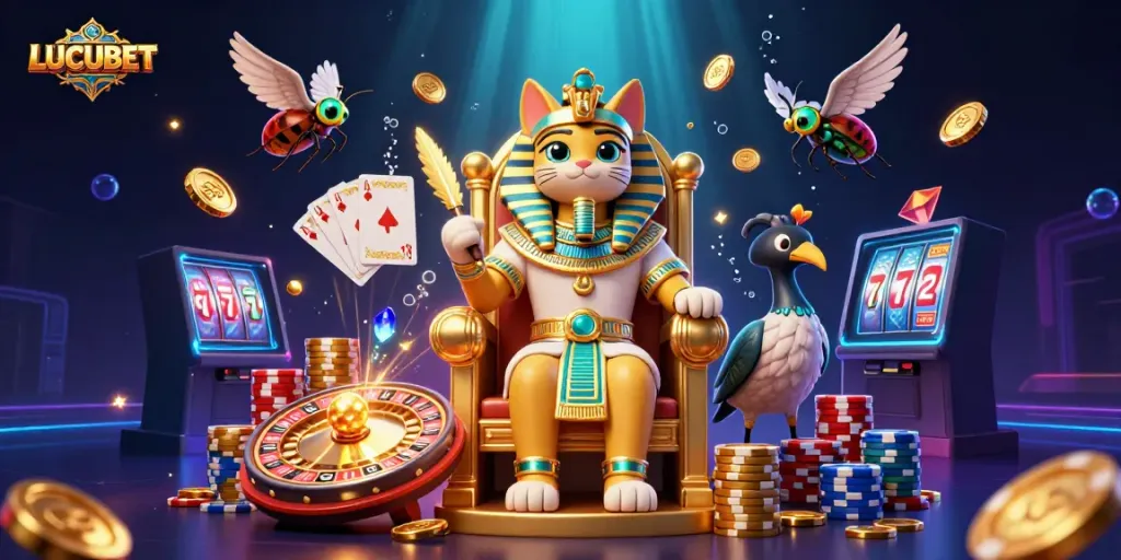 LUCUBET showcases an epic casino scene with a pharaoh cat, golden treasures, and vibrant game elements
