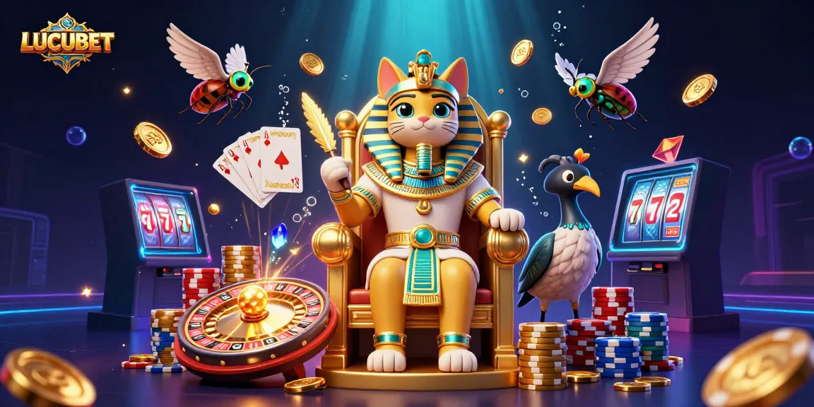 LUCUBET showcases an epic casino scene with a pharaoh cat, golden treasures, and vibrant game elements
