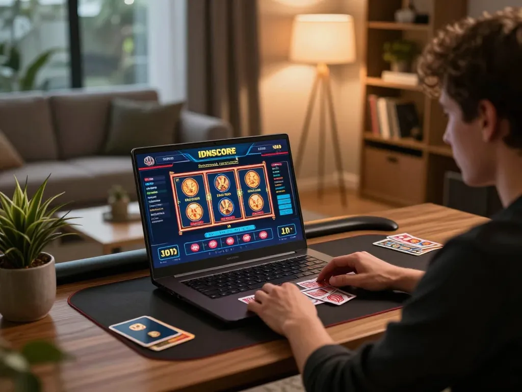 IDNSCORE online gaming session showcasing a person engaging with slot and card games in a modern home setting.
