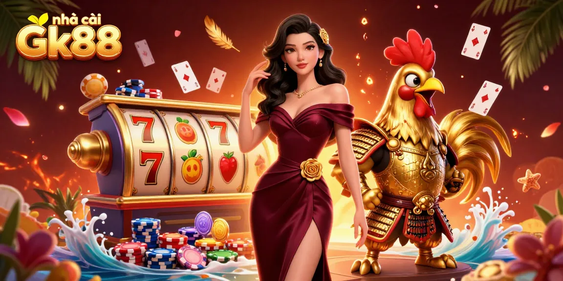 Experience dynamic gaming excitement with nhà cái Gk88, featuring glamorous characters in a vibrant casino scene.