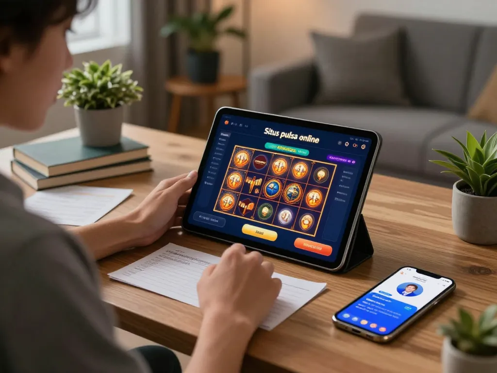 Situs pulsa online gameplay on a tablet showcasing user-friendly interface in an inviting home setting