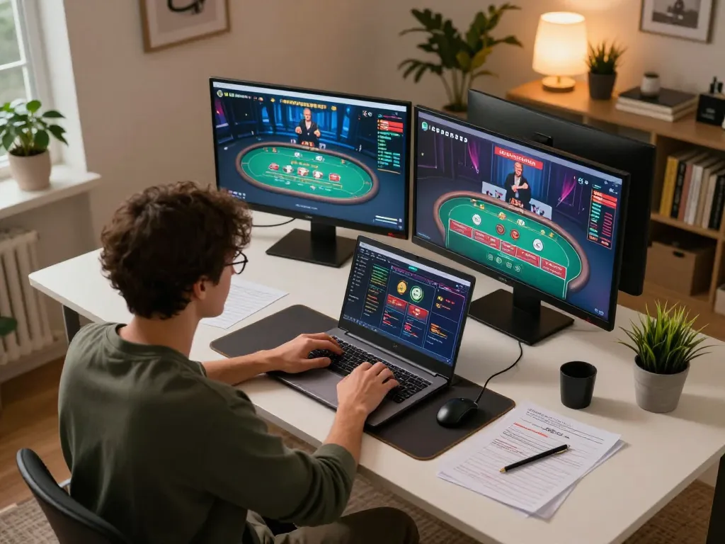 Engaging scene of online gambler focusing on strategies for tr88 poker gameplay at home.