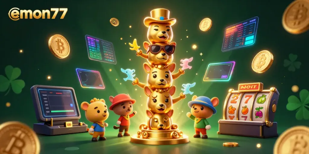 Join the excitement at emon77 with vibrant slot reels and a golden totem celebrating wins.