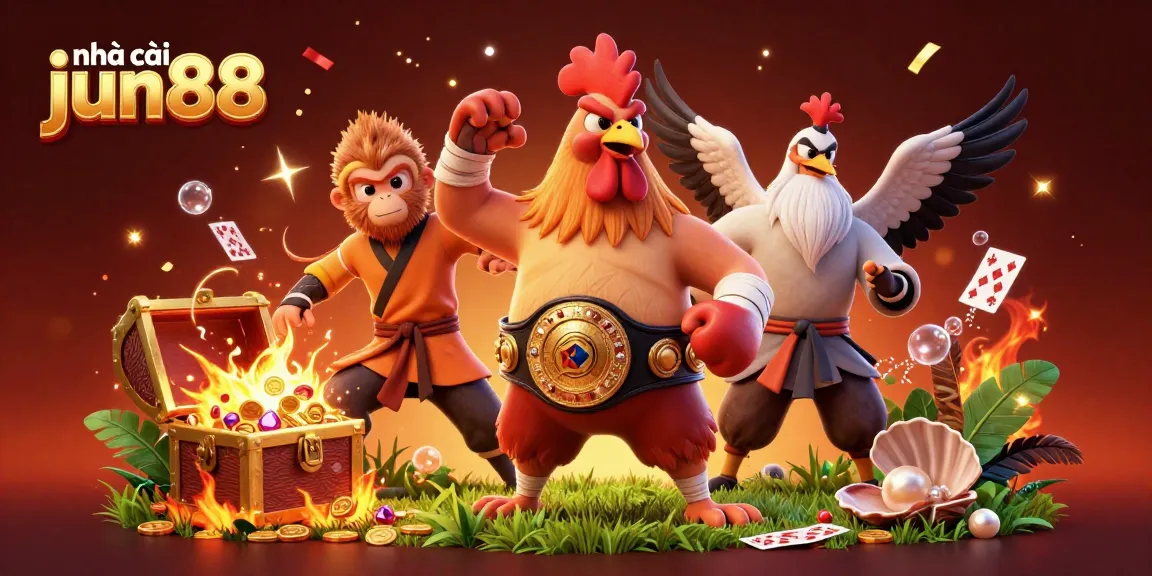 Join the vibrant action at nhà cái jun88 with dynamic characters amidst a thrilling cockfighting scene.