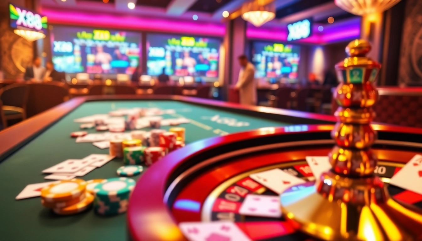 X88 casino table showcasing colorful chips, playing cards, and a roulette wheel in an exciting gaming atmosphere.