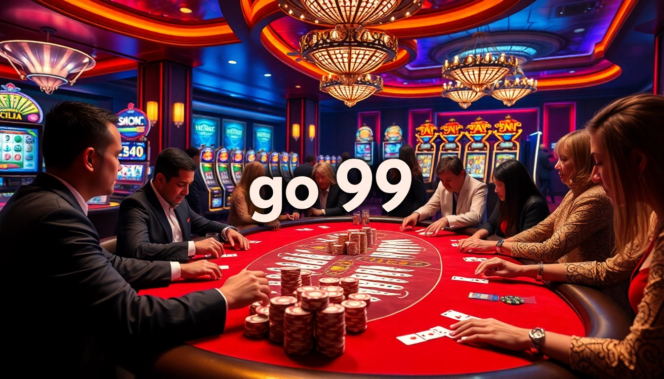 Experience the excitement of go 99 with an elegant poker setup, vibrant gaming elements, and professional dealers.