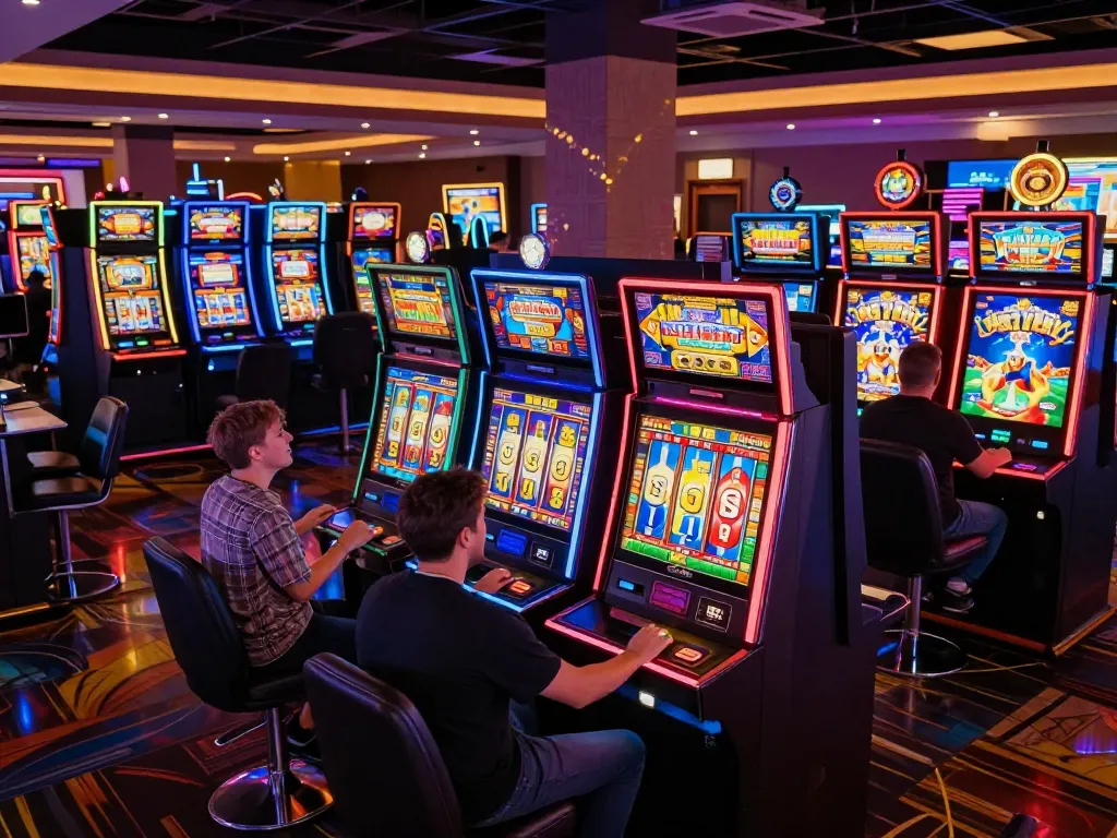 Mesin slot mega berputar dan pemain merayakan di suasana kasino yang meriah