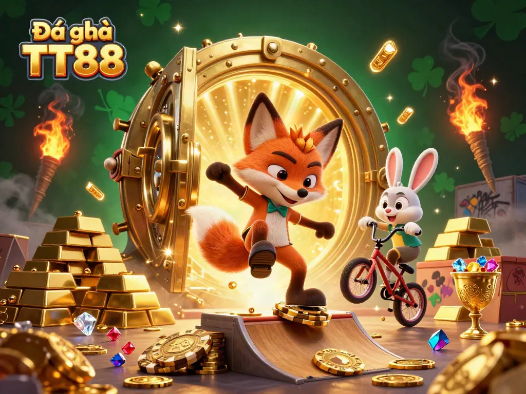 Experience thrilling Đá gà TT88 action with dynamic characters and luxurious casino elements in a vibrant scene.