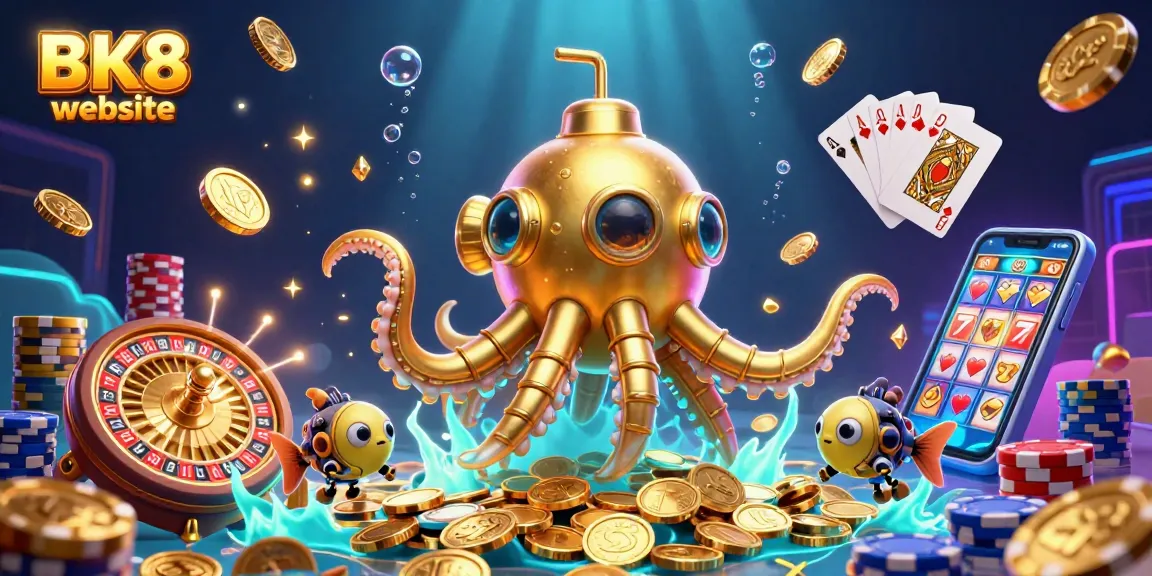 Experience the excitement of the BK8 website with a dynamic, colorful casino scene featuring golden coins, a kraken, and gaming elements.