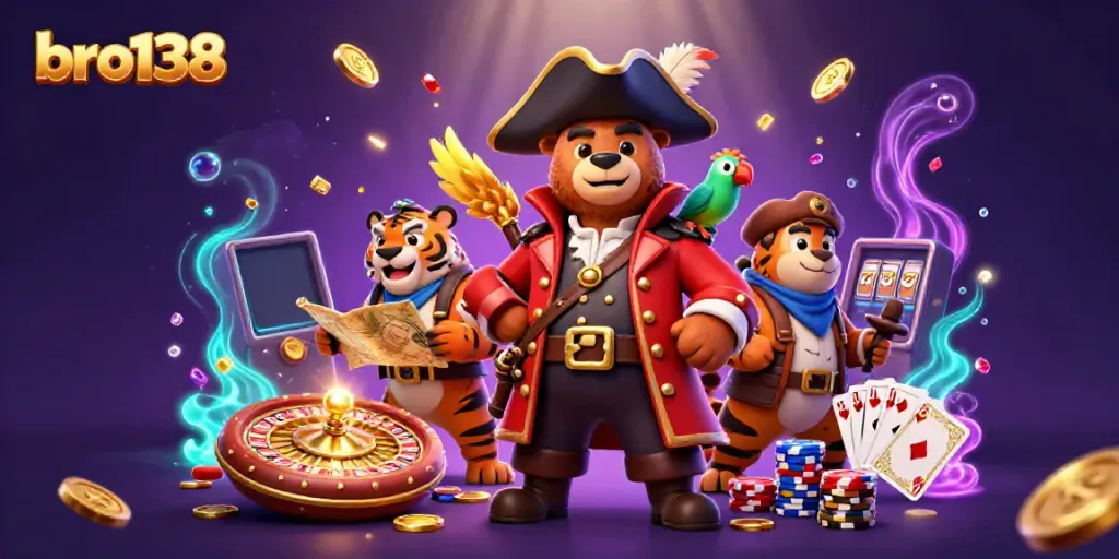 Spin and win at bro138 with a dynamic pirate-themed casino scene featuring coins, cards, and slots.