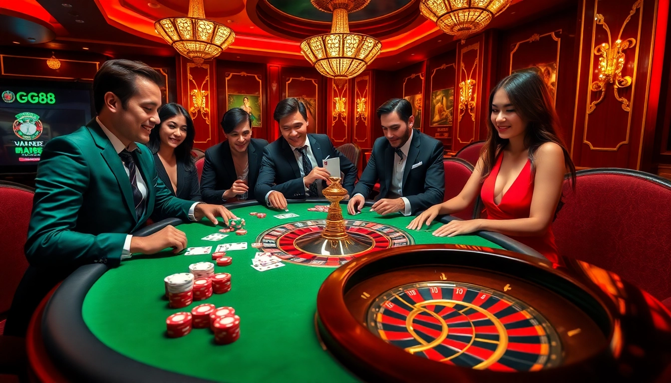 Intense gameplay at GG88, featuring vibrant poker chips and a roulette wheel in a luxurious casino setting.