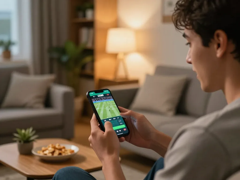 Player using UG88 app for sports betting in a cozy home setting, excitedly checking live event odds.