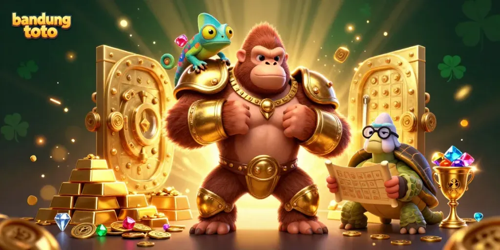 Engaging scene of bandung toto showcasing a gorilla king, chameleon spy, and tortoise elder interacting amidst treasure and casino elements.