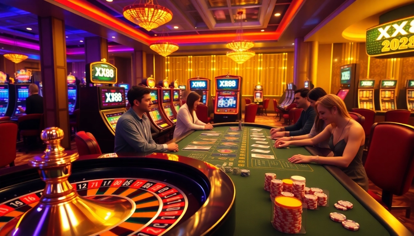 Excited players engaging with casino games at XX88, featuring roulette, poker, and slot machines.
