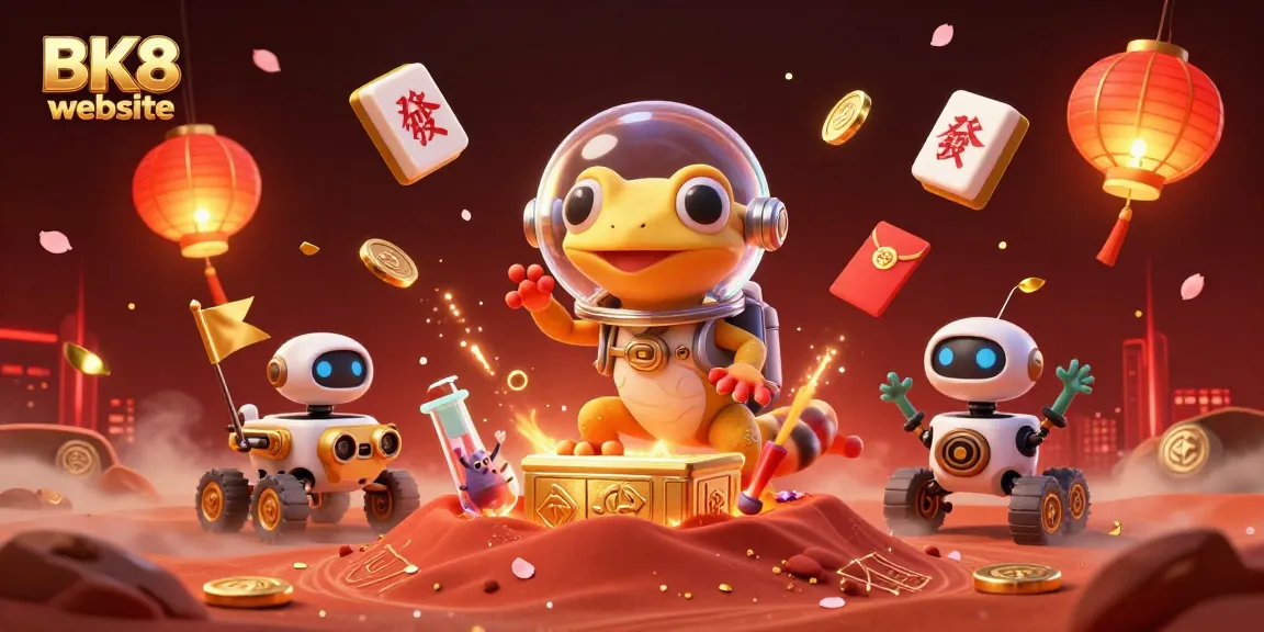 Engage with the playful scene of a Martian gecko exploring a golden casino on the BK8 website, amidst vibrant gaming elements.