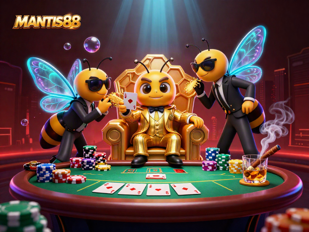 MANTIS88 casino scene with a bumblebee mob boss surrounded by poker elements and wasp bodyguards.