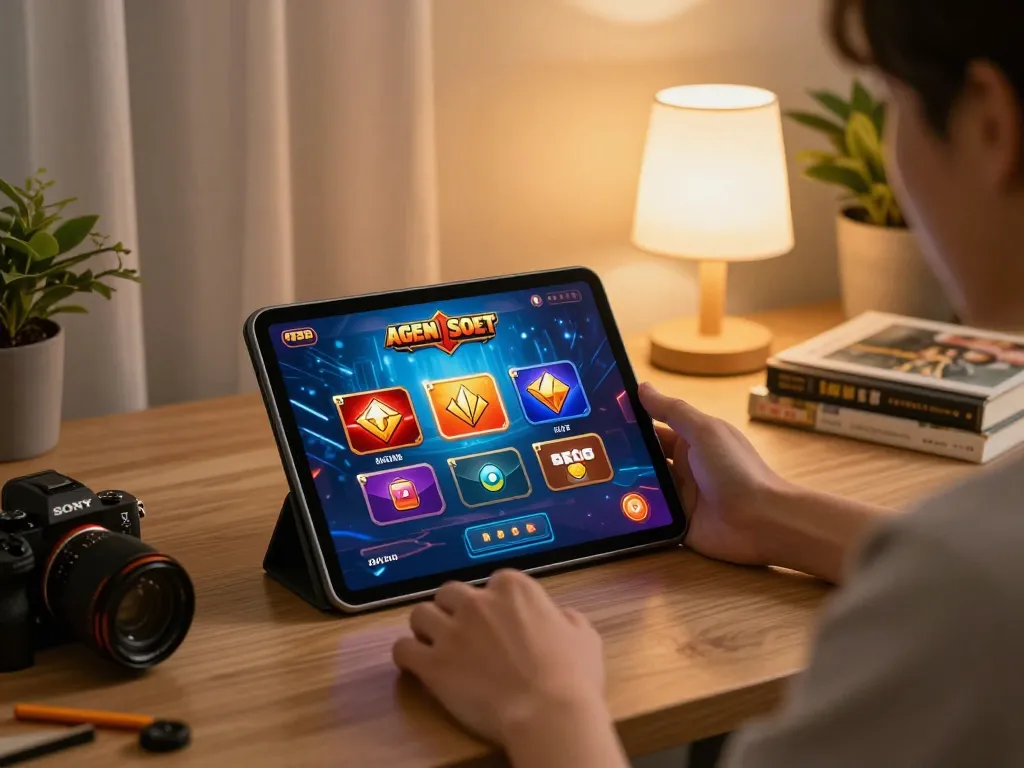 A person experiencing engaging Agen Slot online gaming on a tablet in a cozy home atmosphere.