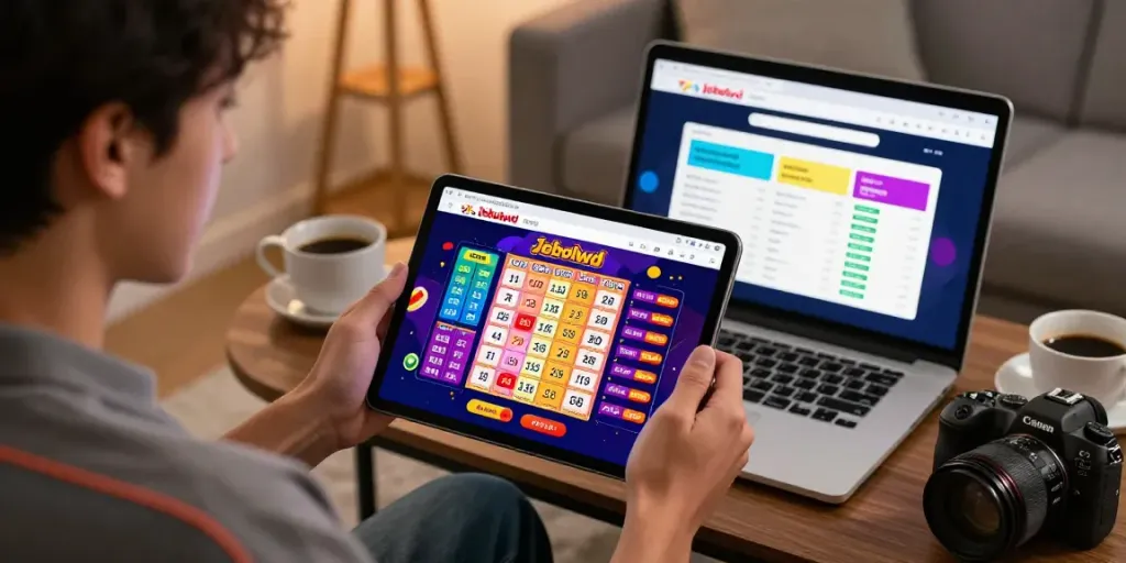 Player engaging with the jebolwd togel online lottery platform in a cozy home setting.