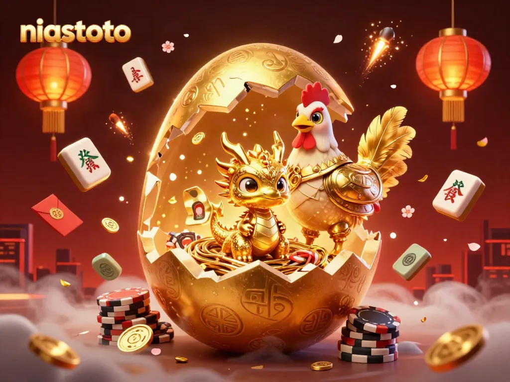 Gambarkan kelahiran naga emas di niastoto, dikelilingi elemen kasino yang berkilau.