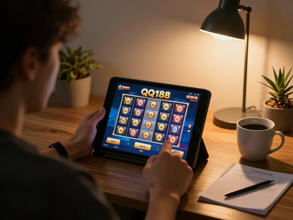 Bermain QQ188 Slot di tablet, menampilkan strategi menang dalam suasana rumah yang hangat