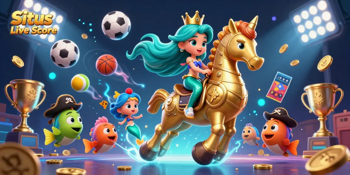 Engage with Situs Live Score through this dynamic illustration featuring a vibrant mermaid princess and sports elements.