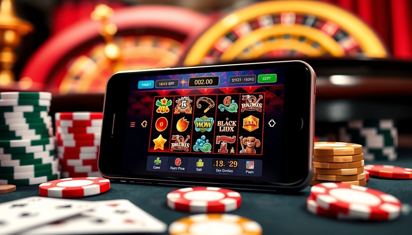 Visualize an engaging online casino experience with gg88 login mobile, showcasing a smartphone and casino elements.