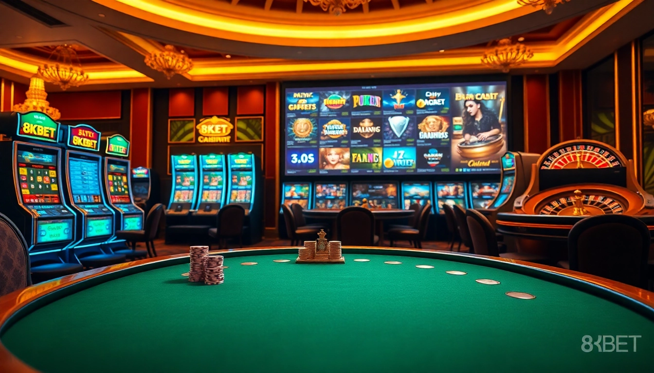 Experience the excitement of 8KBET with a vibrant casino atmosphere featuring poker and slot machines.