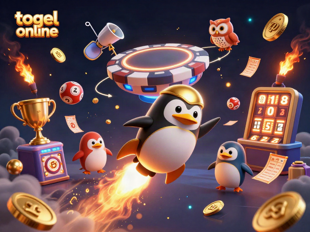 Penguin emas terbang di luar angkasa dengan koin emas, simbol togel online dalam gambar yang penuh aksi.