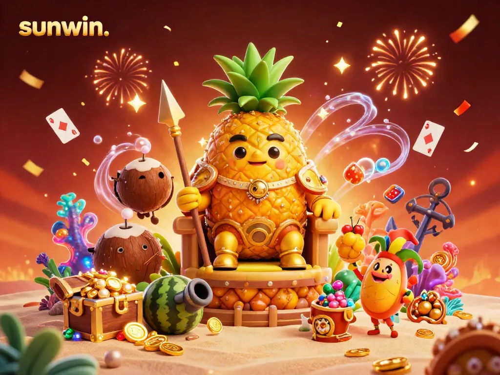 Experience the enchanting world of sunwin. at a vibrant beach casino with a pineapple king and lively characters.