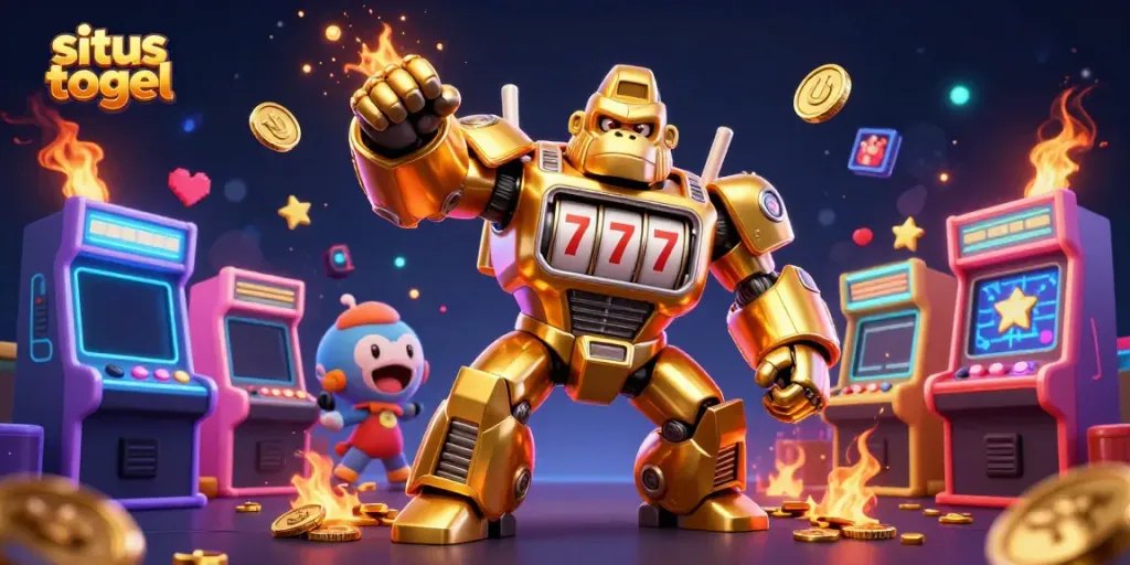 Experience situs togel excitement with a unique 3D golden gorilla mech, coins, and arcade elements.