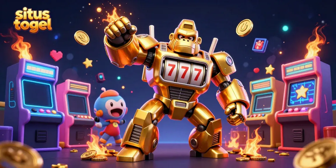 Experience situs togel excitement with a unique 3D golden gorilla mech, coins, and arcade elements.