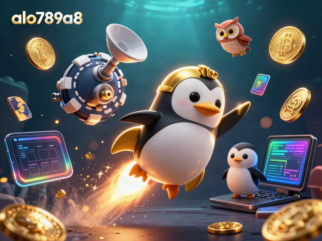 Experience the thrilling adventure of alo789a8 as a golden penguin faces a poker chip galaxy.