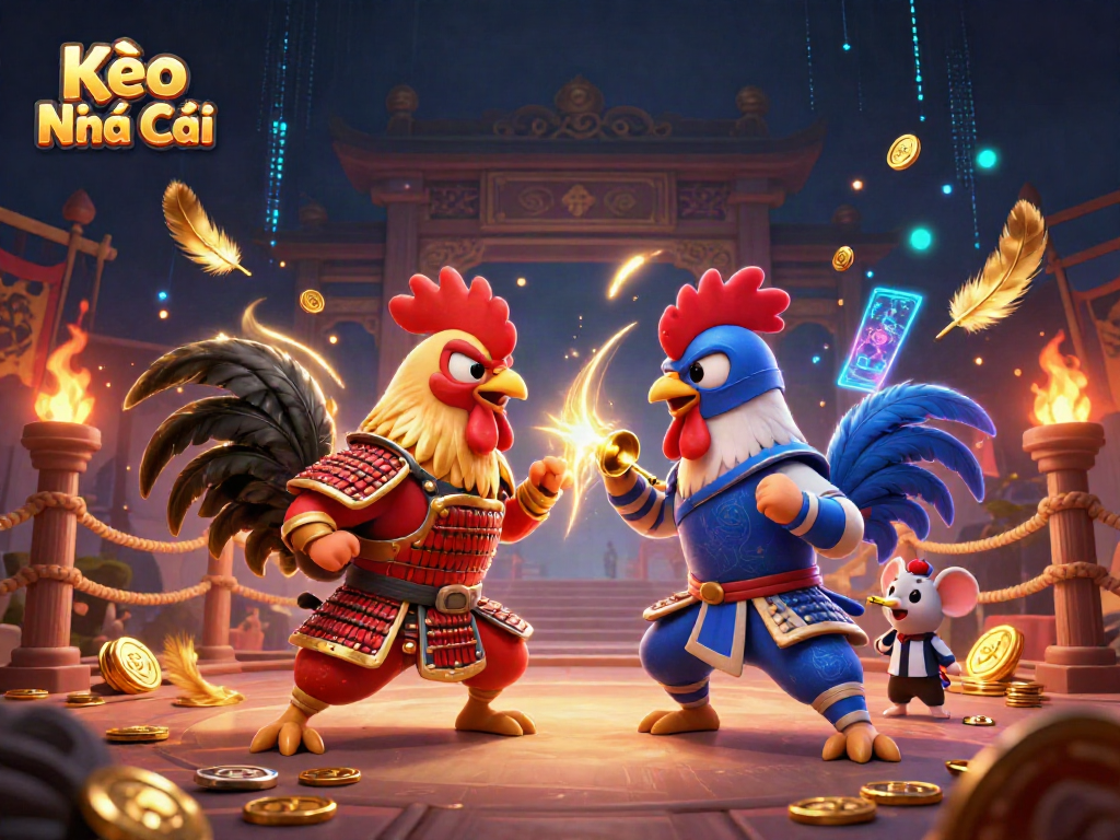 Engaging Kèo Nhà Cái action scene with fighting roosters, a referee mouse, and dynamic casino elements.