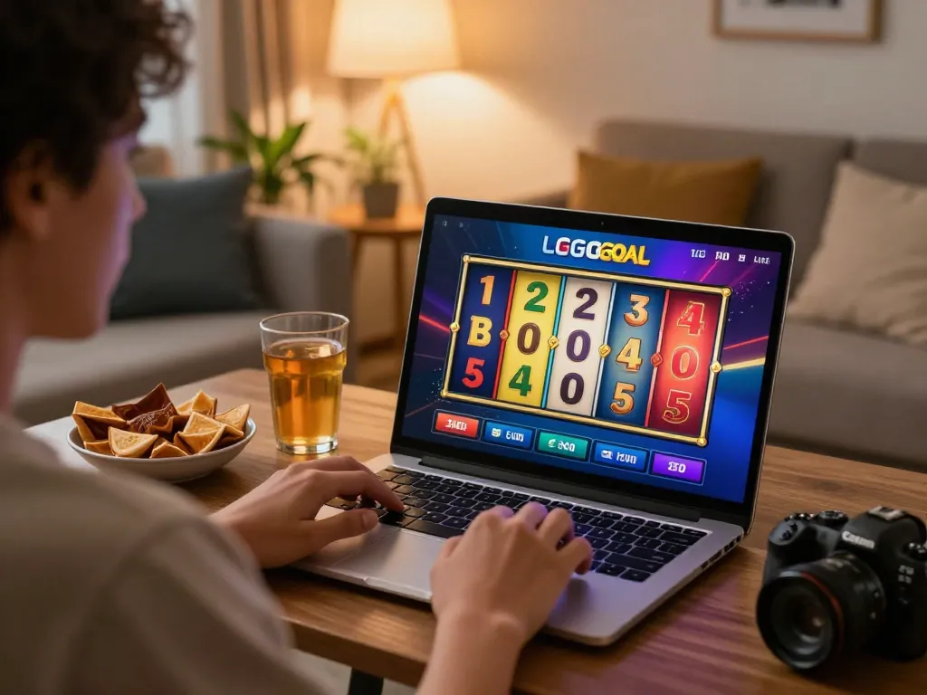 Engaging scene of a player enjoying online slots on LGOGOAL while relaxing at home with snacks and warm lighting.