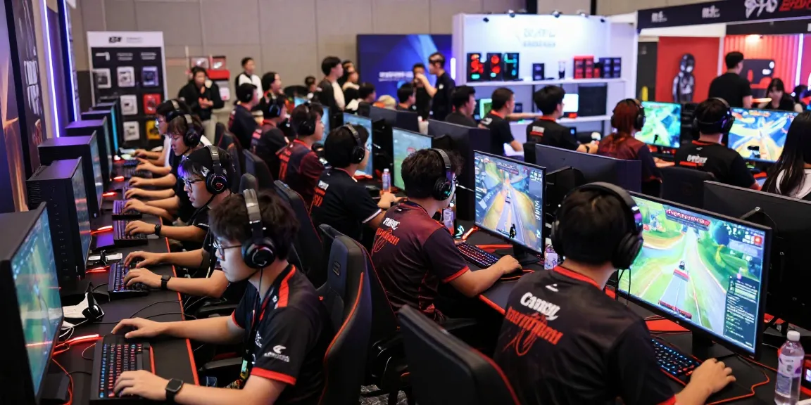 Suasana acara game IMBAJP dengan pemain berkumpul di layar besar.