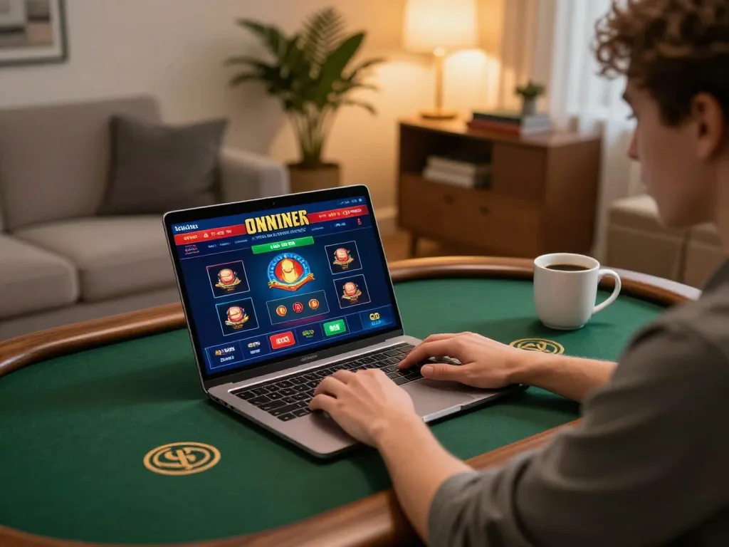 Player enjoying rikvip online casino games in cozy home setting.