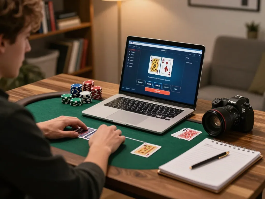 Player engaging in a peri11 online poker game at home, immersed in strategy and decision-making.