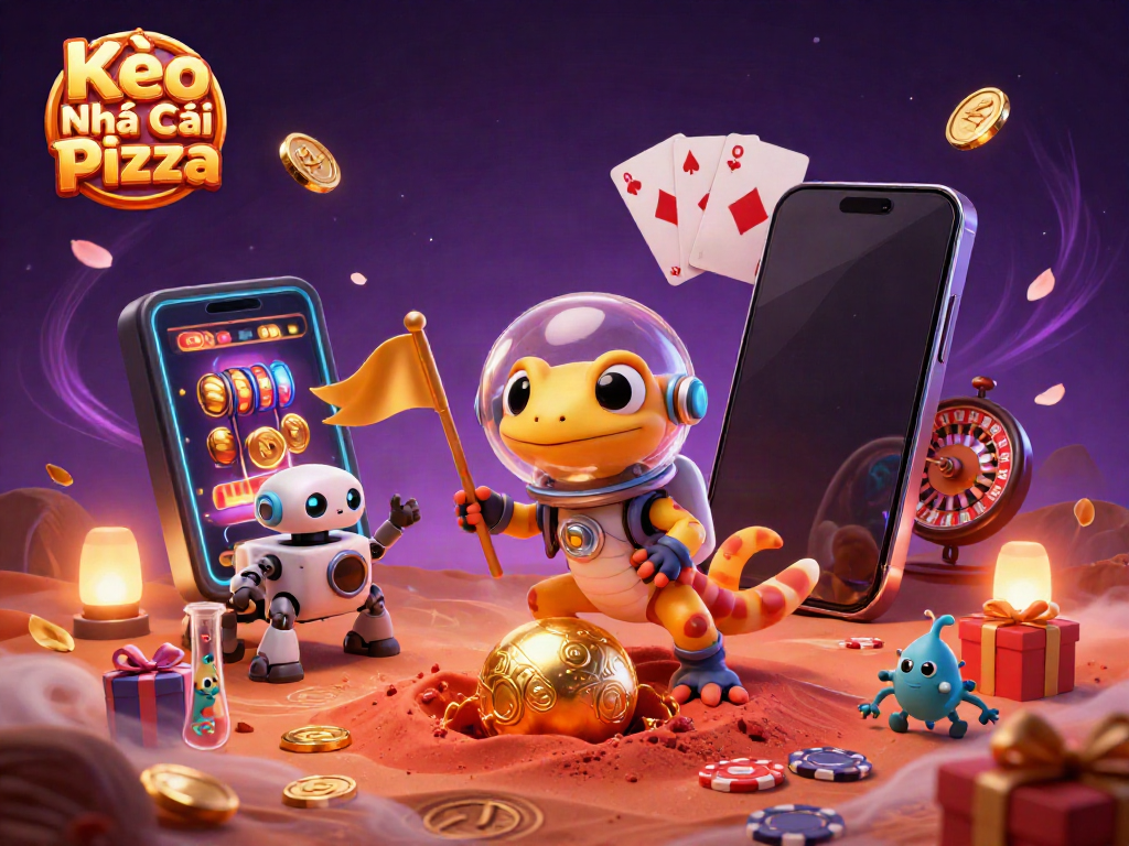 Kèo Nhà Cái Pizza showcases a vibrant Martian casino scene with colorful slot games and cheering aliens.