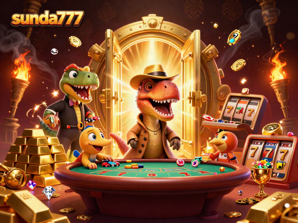 Gambarlah sunda777, velociraptor dan stegosaurus bermain dadu dengan harta karun di meja kasino.
