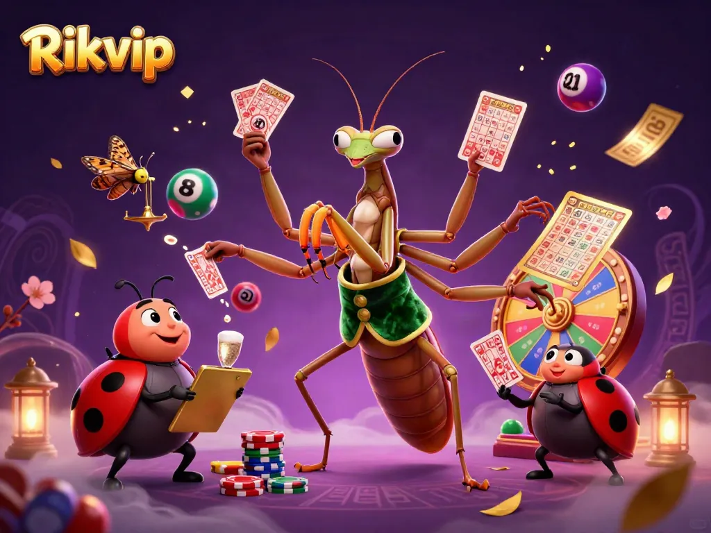 Experience the vibrant energy of Rikvip with impactful casino characters and dynamic game elements in this stunning illustration.