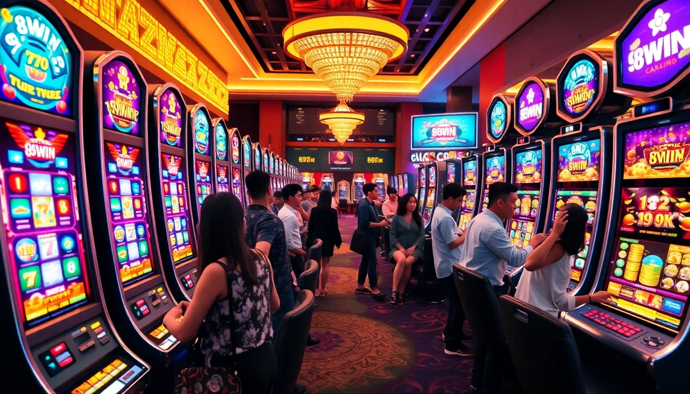 Thrilling casino scene featuring 98WIN brand with vibrant slot machines and excited players.